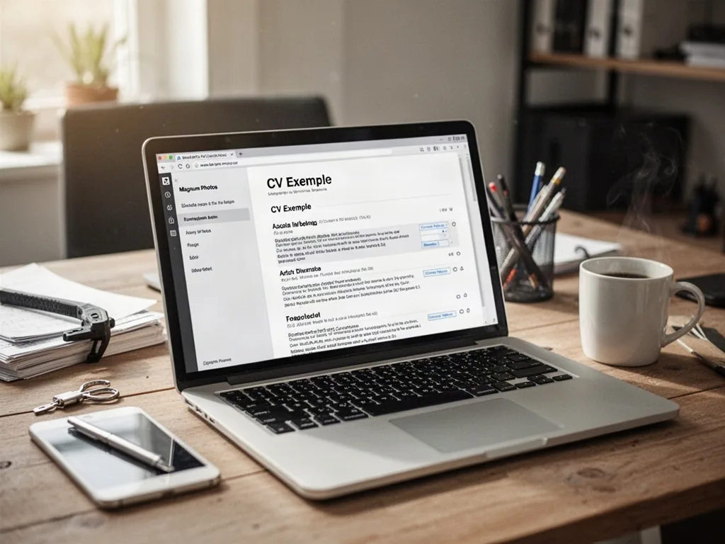 CV d'infirmière sur un bureau avec stéthoscope et écran d'ordinateur affichant un modèle Word