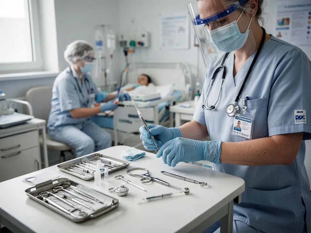Infirmière en tenue médicale suit un module DPC sur la plateforme Santé Académie, carnet de suivi en main