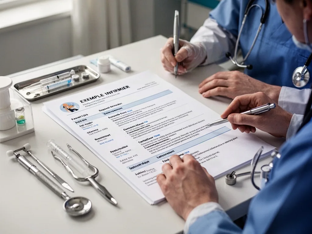 Infirmière souriante en tenue professionnelle tenant son CV devant un hôpital