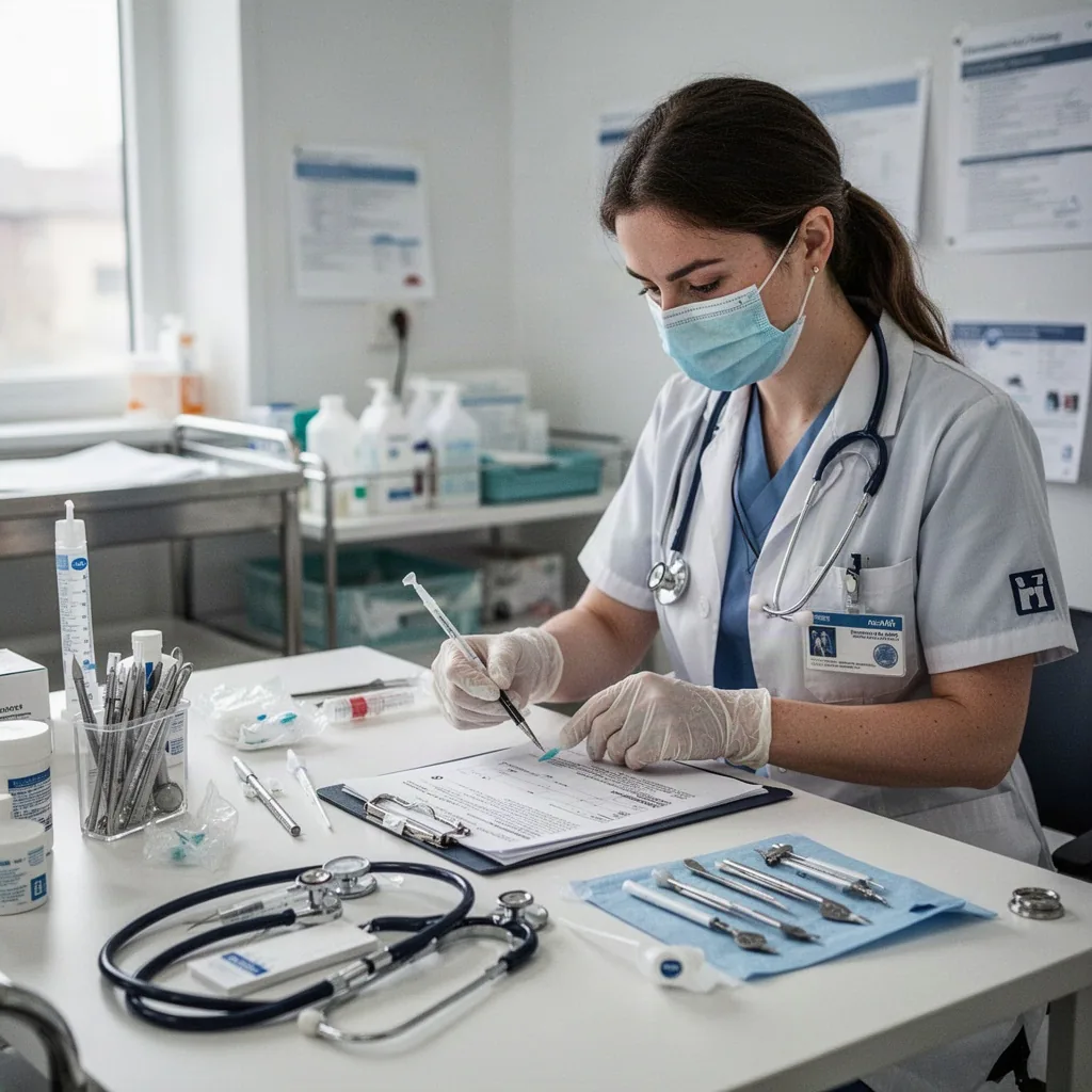 Un CV d'infirmier sur un bureau, accompagné d'un stéthoscope et d'une tablette