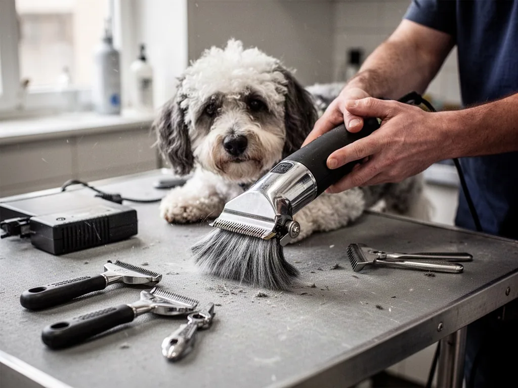 Toiletteur utilisant une tondeuse professionnelle sur un chien en salon de toilettage